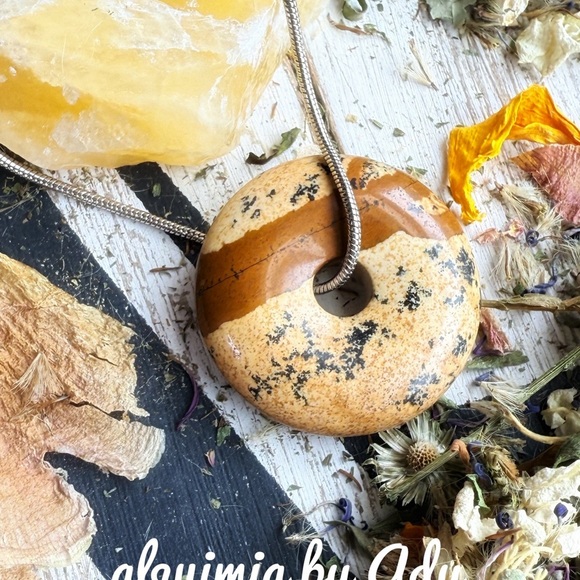 Chunky silver snake necklace with picture jasper pendant - Picture 2 of 2